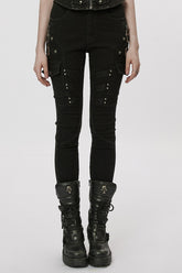 Schwarze Damen-Punk-Jeans mit mehreren Taschen und Schnallen